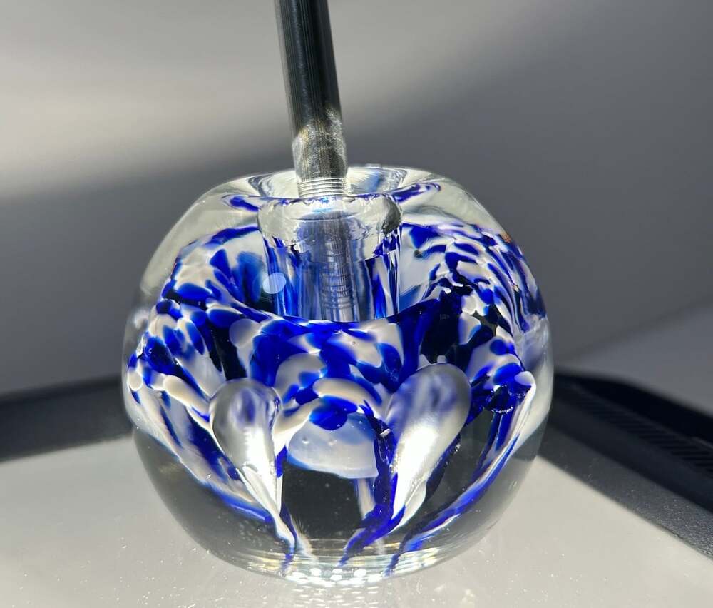 Blue and white vintage art glass paper weight pen holder